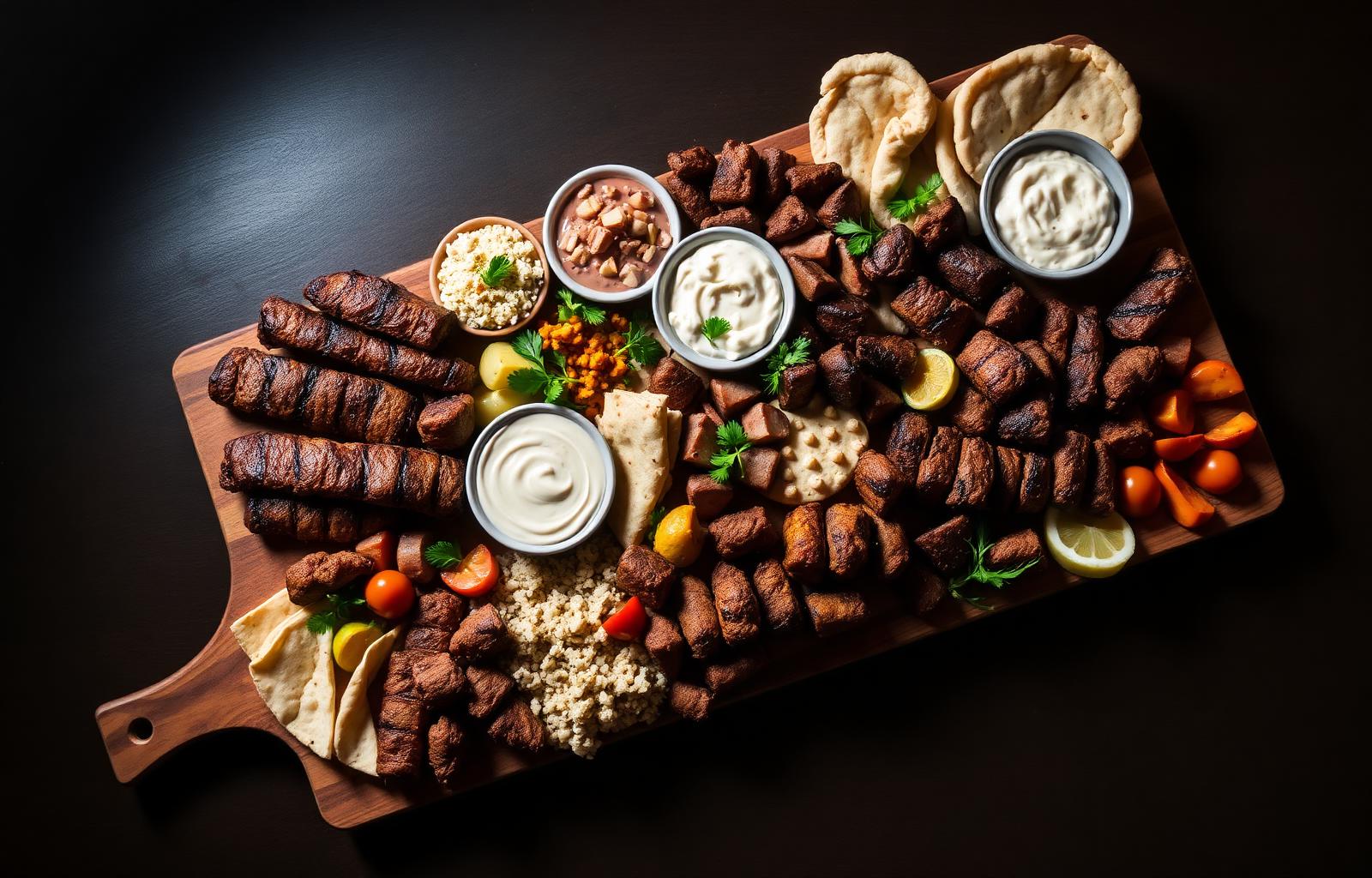 Mediterranean catering platter with grilled meats, rice and fresh sides